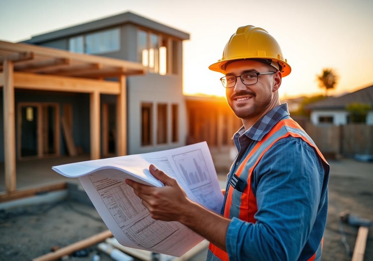 California contractor reviewing blueprints on a home construction site